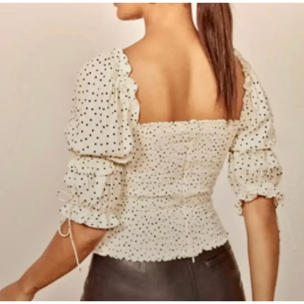 Reformation Nina Polka Dot Puff Sleeve Blouse – Cream/Black